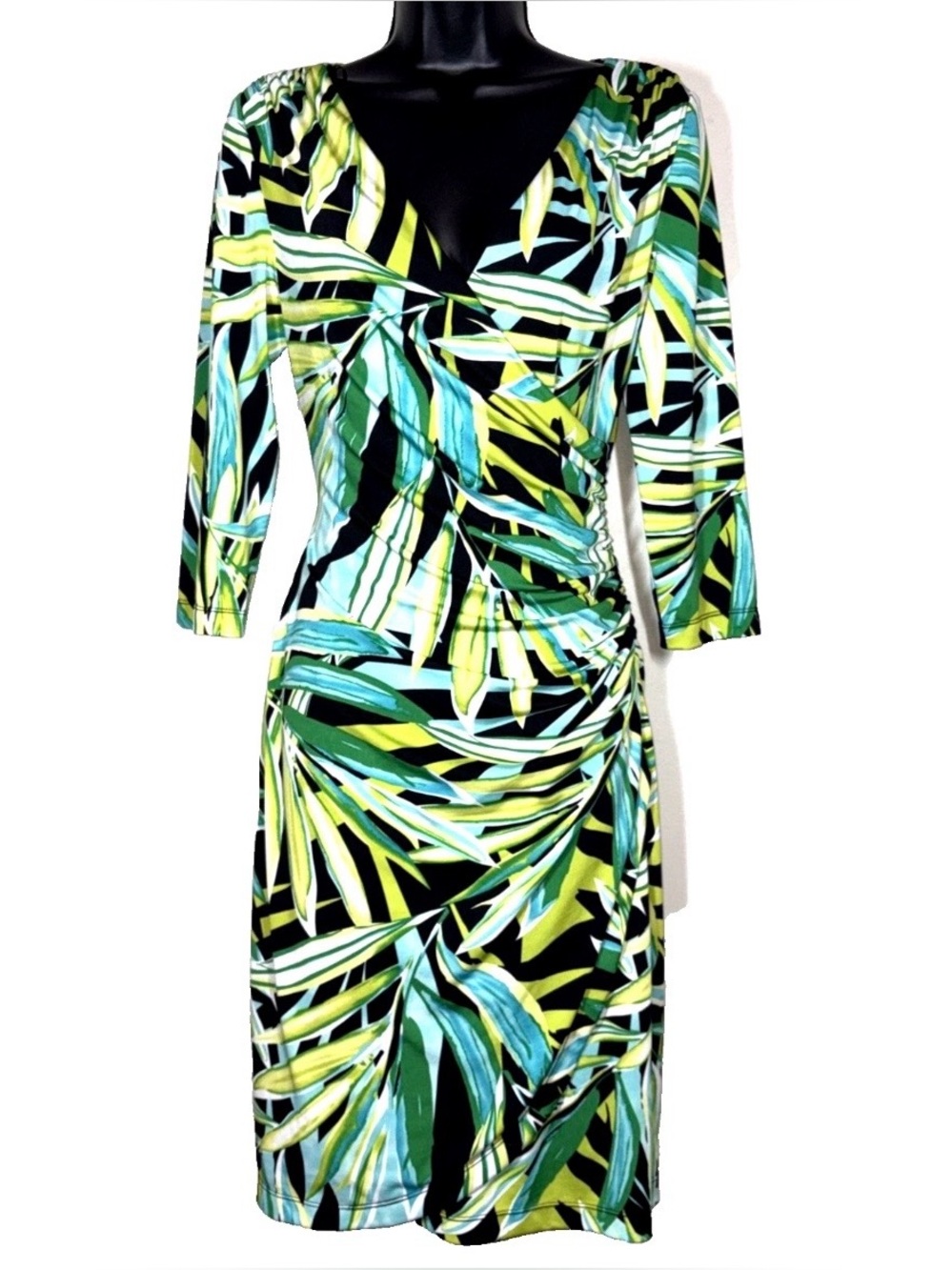 Kay Unger 8 faux wrap dress stretch green black tropical leaves long sleeve knee